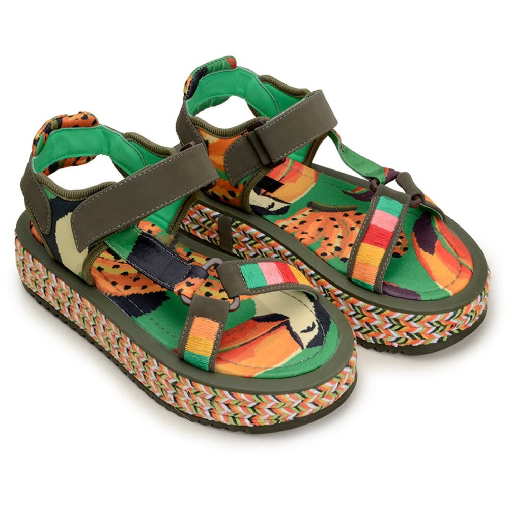 GREEN TOUCANS  FLATFORM RAFFIA VELCRO SANDAL
